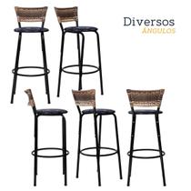 Conjunto 6 Banquetas Altas Estrutura Preta Encosto Junco Cappuccino 70cm Itagold