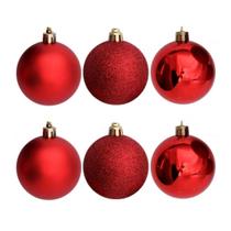 Conjunto 6 Bolas de Natal Vermelho Prime Texturas Mistas 5cm Glitter, Brilho e Fosca