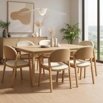 Conjunto 6 cadeira madeira maciça tecido linho premium areia Conjunto 6 cadeira madeira maciça tecido linho premium areia