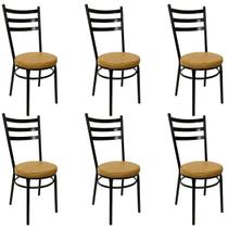 Conjunto 6 Cadeiras de Cozinha Redonda com Reforço Preta Assento Grosso Caramelo