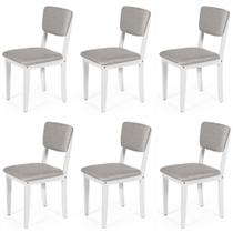 Conjunto 6 Cadeiras de Jantar Estofada em Madeira Maciça Ella Branco/Cinza Claro