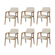 Conjunto 6 Cadeiras de Jantar Ruth Estrutura em Madeira Maciça Estilo Retrô Linho Bege Claro