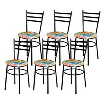 Conjunto 6 Cadeiras Epoxi Preta Para Cozinha Assento Estampado