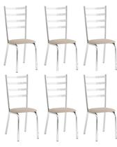 Conjunto 6 cadeiras Laura cromada para cozinha ou sala de jantar super reforçada-tecido bege-GatMagazine