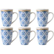 Conjunto 6 Canecas de Porcelana para Chá 310ml com Tampa e Filtro Inox Lisboa Lyor Azul