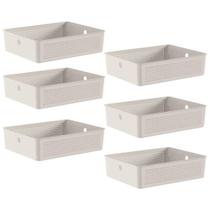 Conjunto 6 Cestos Organizadores 8,2L Flow Bege 34x27x9cm Lavanderia Banheiro Closet