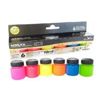 Conjunto 6 Cor Tinta Acrílica Neon Fluorescente 10ml Acrilex