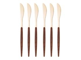 Conjunto 6 Facas Aço Inox Mesa Posta Cabo Em Estampa De Madeira Serrado Dourado Gold Amadeirado Multiuso Cozinha