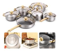 Conjunto 6 Panelas Aço Inox Prateado Com Cabo Dourado com chaleira Conjunto 6 Panelas Aço Inox Prateado Com Cabo Dourado com chaleira