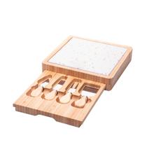 Conjunto 6 Peças para Queijo com Bandeja de Bambu e Tábua Terrazo 23x23x4cm Lyor