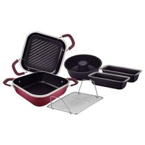 Conjunto 6 peças tramontina lyon 3 forma 1 caçarola 1 grelha alumínio forjado antiaderente carmim alça bege 20998/553