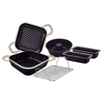 Conjunto 6 peças tramontina lyon 3 forma 1 caçarola 1 grelha alumínio forjado antiaderente chumbo alça bege 20998/053