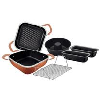 Conjunto 6 peças tramontina lyon 3 forma 1 caçarola 1 grelha alumínio forjado antiaderente dourado alça bege 20998/453