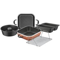 Conjunto 6 peças tramontina lyon 3 forma 1 caçarola 1 grelha alumínio forjado antiaderente dourado alça preta 20999/453 Conjunto 6 peças tramontina lyon 3 forma 1 caçarola 1 grelha alumínio forjado antiaderente dourado alça preta 20999/453