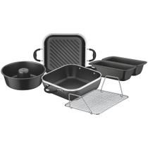 Conjunto 6 peças tramontina lyon 3 forma 1 caçarola 1 grelha em alumínio forjado antiaderente preto alça preta 20999/053