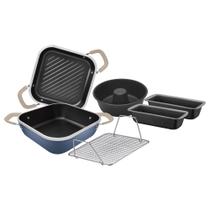 Conjunto 6 peças tramontina lyon forma caçarola grelha alumínio forjado antiaderente azul elementar alça bege 20998/853