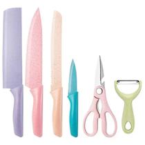 Conjunto 6 peçs colorido frutas vegetais faca chef descascador de pão cozinha de aço inoxidável t Conjunto 6 peçs colorido frutas vegetais faca chef descascador de pão cozinha de aço inoxidável t