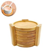 Conjunto 6 porta copos com suporte bambu bolacha apoio de mesa drinks bebidas descanso xícara caneca