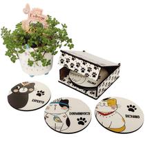 Conjunto 6 Porta Copos em MDF com Caixinha Artesanal Gatinhos Descansos Personalizados