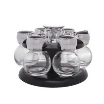 Conjunto 6 Porta Tempero de Vidro com Tampa Plástico e base Giratória Poli Preta 17cm x 11cm - Wolff Conjunto 6 Porta Tempero de Vidro com Tampa Plástico e base Giratória Poli Preta 17cm x 11cm - Wolff