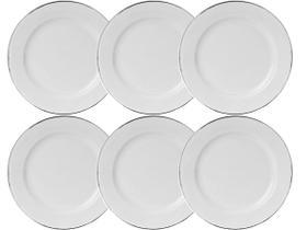 Conjunto 6 Prato Raso Tramontina Filete Prata Porcelana Branca Prateado