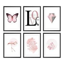 Conjunto 6 quadros, rosa e cinza, moldura e vidro