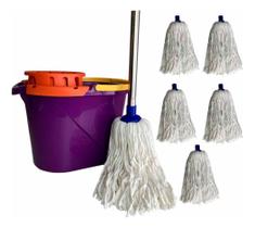 Conjunto 6 Refil Mop Com Cabo 1,48mt+ Balde 14lt Espremedor