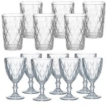 Conjunto 6 Taças e 6 Copos De Vidro Diamond Transparente Luxo Resistente Diamante para Água Vinho Suco