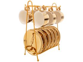 Conjunto 6 xícaras 90 ml para café de porcelana branco/dourado com pires e suporte Versa Wolff - 18058