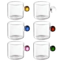 Conjunto 6 Xicaras Café Borossilicato Transparente Alça Bola Colorida 90ml