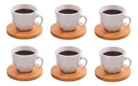 Conjunto 6 Xicaras Café Porcelana E Pires Bambu Branco 90ml