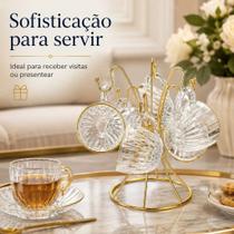 Conjunto 6 Xícaras Chá Melina 180ml Suporte Borda Dourada Conjunto 6 Xícaras Chá Melina 180ml Suporte Borda Dourada