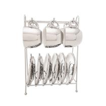 Conjunto 6 Xícaras de Café com Pires de Porcelana e Suporte Versa Branco/Prata 90ml - Wolff