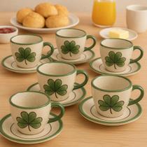 Conjunto 6 Xícaras de Café com Pires em Cerâmica Verde e Bege Estilo Rústico e Elegante