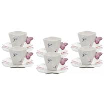 Conjunto 6 Xícaras De Café De Porcelana Com Pires Branco 100Ml Borboletas Wolff