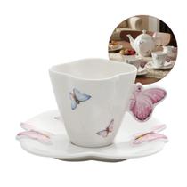 Conjunto 6 Xícaras de Café Porcelana com Pires 100ml Borboletas Branco Elegantes e Resistentes