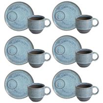 Conjunto 6 Xícaras de Chá 230ml Empilhável com Pires Linhas Breeze Azul Mesa Posta Café da Manhã