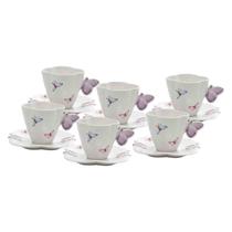 Conjunto 6 Xícaras de Chá com Pires Borboletas Porcelana Wolff