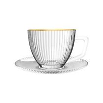 Conjunto 6 Xícaras de Chá com Pires Transparente e Borda Dourada Graffiato 230ml JGCH065-GD - Hauskraft