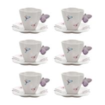 Conjunto 6 Xícaras de Chá de Porcelana com Pires Borboletas Branco 200ml - Wolff