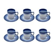 Conjunto 6 Xícaras e Pires em Porcelana Branco e Azul 100ml BM0015 BTC
