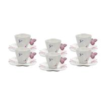 Conjunto 6 Xícaras para Café com Pires de Porcelana Borboletas Branco 100ml