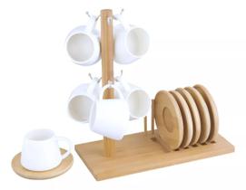 Conjunto 6 Xicaras Para Café em Cerâmica com Suporte e Pires em Bambu Oasis Hauskraft