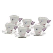 Conjunto 6 Xícaras para Chá com Pires de Porcelana Borboletas Branco 200ml