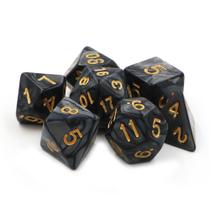 Conjunto 7 Dados Rpg D&d Preto Dourado Marmorizado + 1 Bolsa