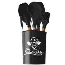 Conjunto 7 Peças Utensílios De Silicone Com Cabo de Madeira Preto Conjunto 7 Peças Utensílios De Silicone Com Cabo de Madeira Preto