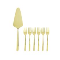 Conjunto 7pç Espátula para bolo e 6 garfos de sobremesa dourado Viena Wolff - 71948 Conjunto 7pç Espátula para bolo e 6 garfos de sobremesa dourado Viena Wolff - 71948