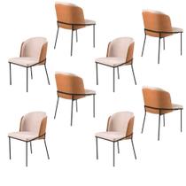 Conjunto 8 Cadeiras Aurora Linho Bege Couro Caramelo Metal Preto - C&M Decor Conjunto 8 Cadeiras Aurora Linho Bege Couro Caramelo Metal Preto - C&M Decor