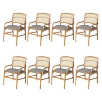 Conjunto 8 Cadeiras de Jantar Florença em Madeira Jequitibá Natural Braço Encosto Palha Linho Cinza Conjunto 8 Cadeiras de Jantar Florença em Madeira Jequitibá Natural Braço Encosto Palha Linho Cinza