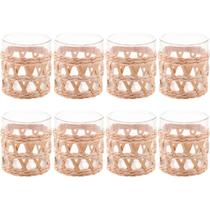Conjunto 8 Copos Baixos de Vidro Wolff com Sisal 320ml Decorados Fibra Natural Rústicos